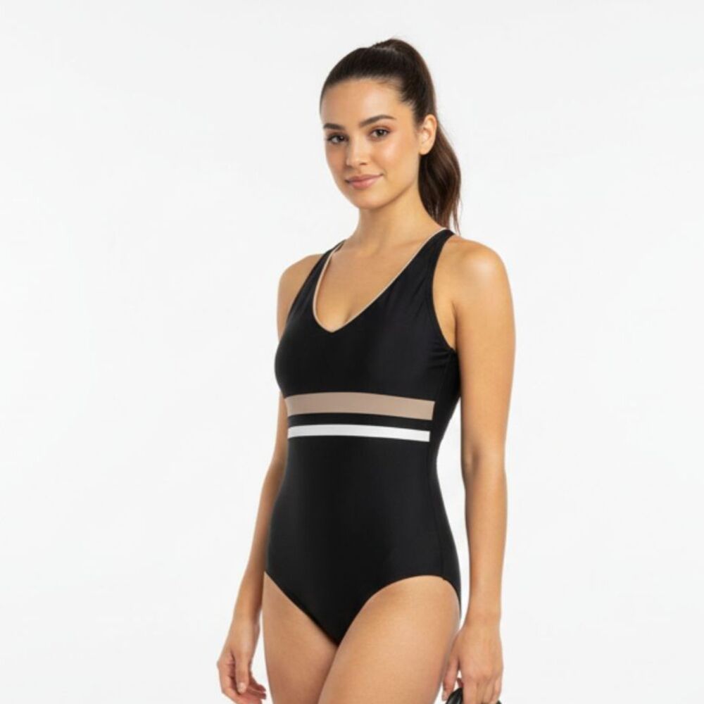Speedo Black Bodice Stripe 1 Piece Swim Bathing Suit 10